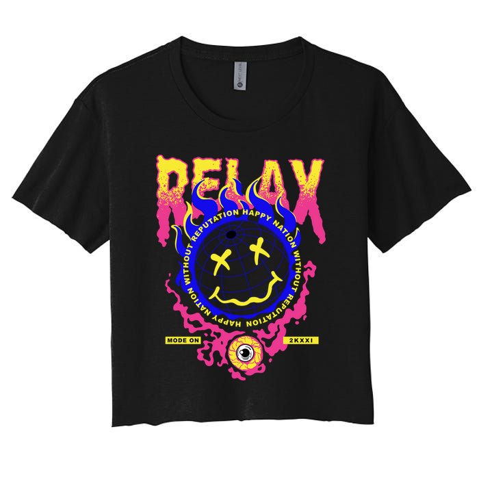 Flaming Emoji Globe Eyeball Smoke Crop Top