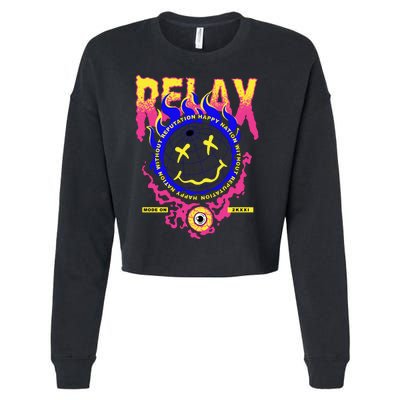 Flaming Emoji Globe Eyeball Smoke Cropped Pullover Crew