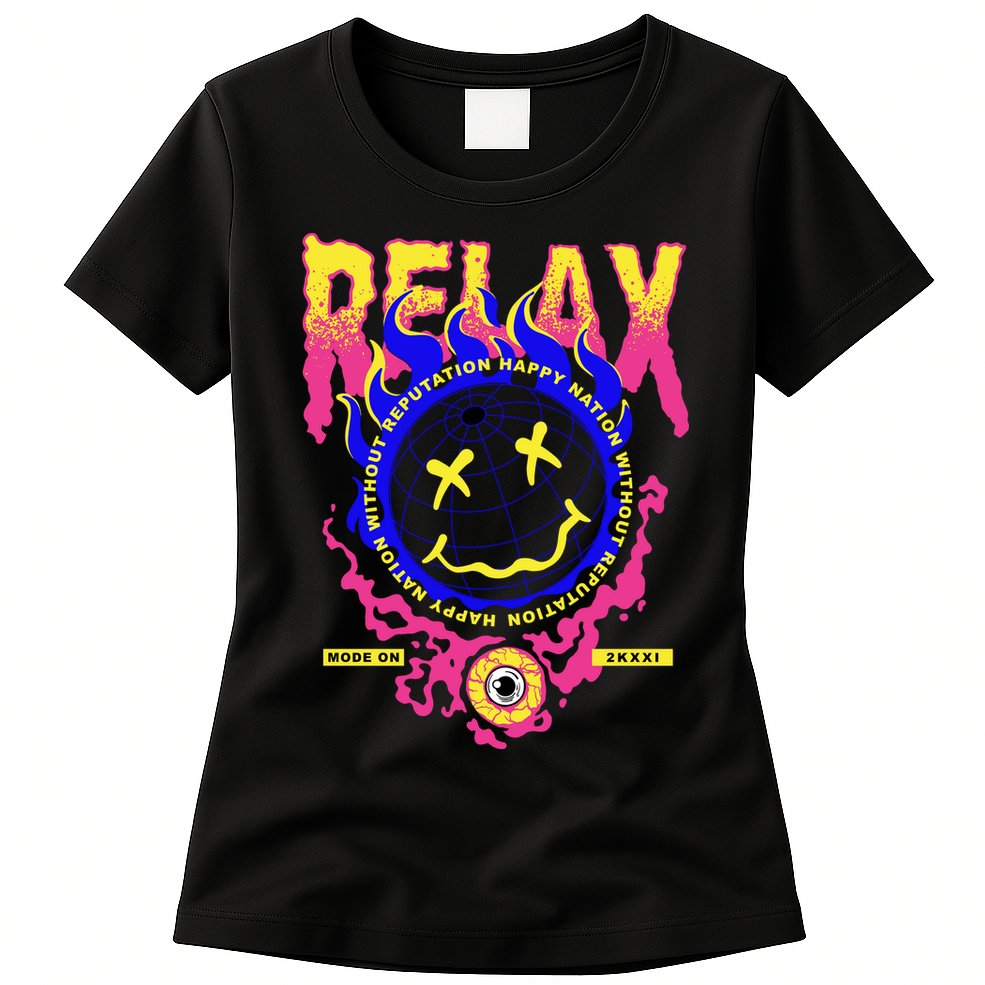 Flaming Emoji Globe Eyeball Smoke Womens T-Shirt