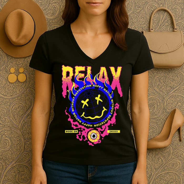 Flaming Emoji Globe Eyeball Smoke Women's V-Neck T-Shirt