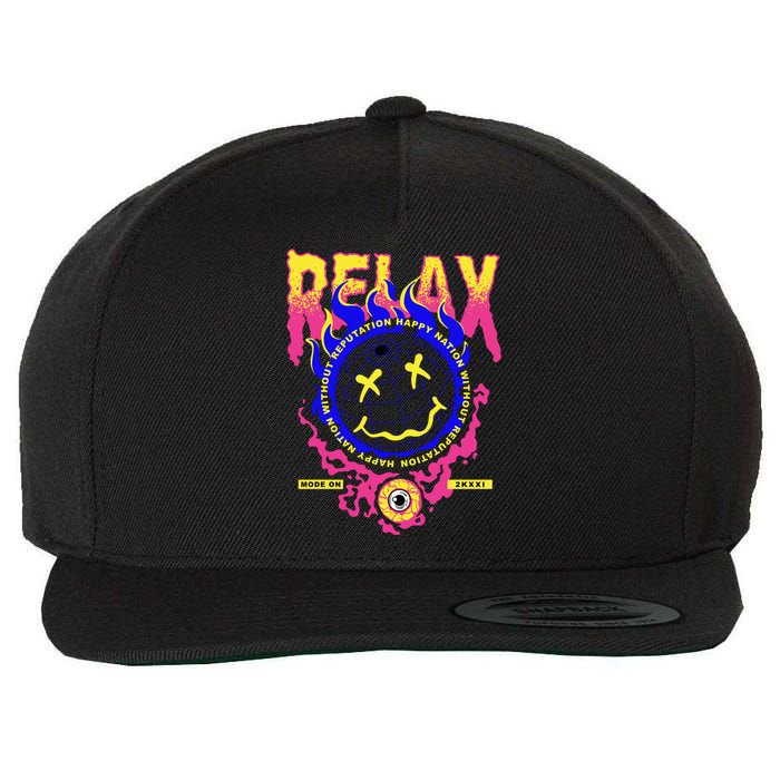 Flaming Emoji Globe Eyeball Smoke Wool Snapback Cap