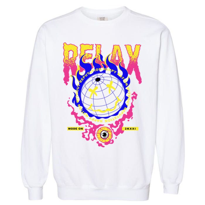 Flaming Emoji Globe Eyeball Smoke Garment-Dyed Sweatshirt