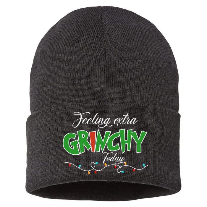 Feeling Extra Grinchy Today Christmas Colorful Xmas Lights Sustainable Knit Beanie