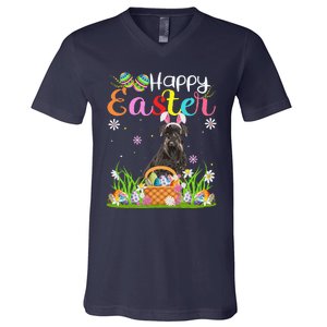 Funny Egg Hunting Bunny Giant Schnauzer Dog Happy Easter V-Neck T-Shirt