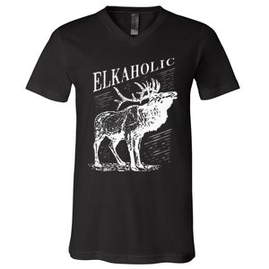 Funny Elk Hunting Elkaholic For Hunters V-Neck T-Shirt