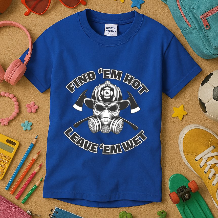 Find Em Hot Leave Em Wet Funny Firefighter Skull Gift Kids T-Shirt