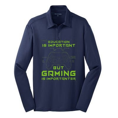 Funny Education Is Important But Gaming Is Importanter Silk Touch Performance Long Sleeve Polo