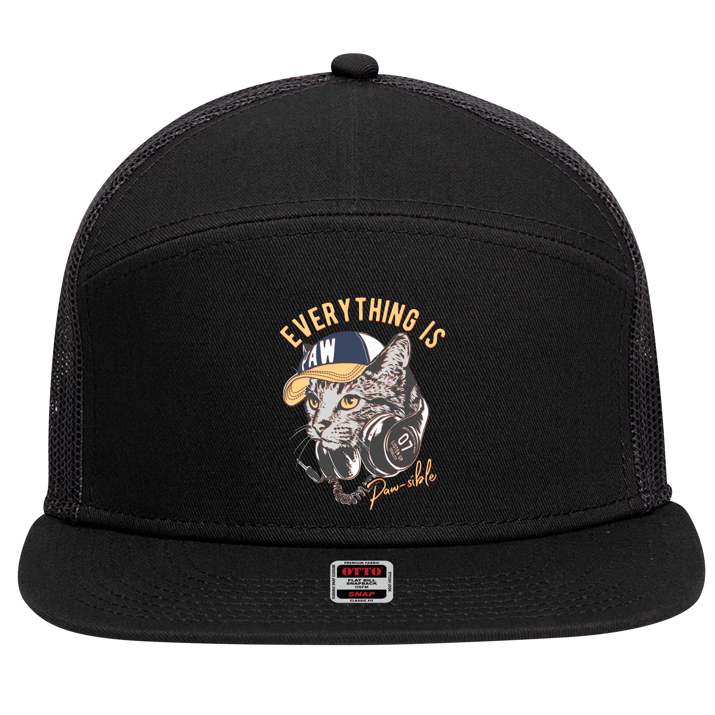 Funny Everything Is Pawsible Hiphop Cat 7 Panel Mesh Trucker Snapback Hat