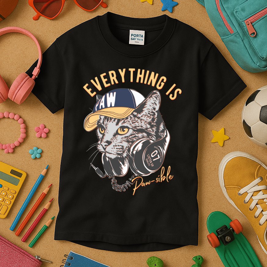 Funny Everything Is Pawsible Hiphop Cat Kids T-Shirt