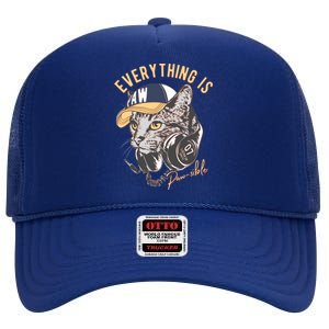 Funny Everything Is Pawsible Hiphop Cat High Crown Mesh Back Trucker Hat