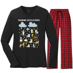 Funny English Idiom Raining Cats and Dogs Puppies Kitten Women's Long Sleeve Flannel Pajama Set 