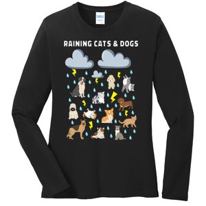 Funny English Idiom Raining Cats and Dogs Puppies Kitten Ladies Long Sleeve Shirt