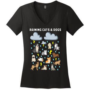 Funny English Idiom Raining Cats and Dogs Puppies Kitten Women's V-Neck T-Shirt