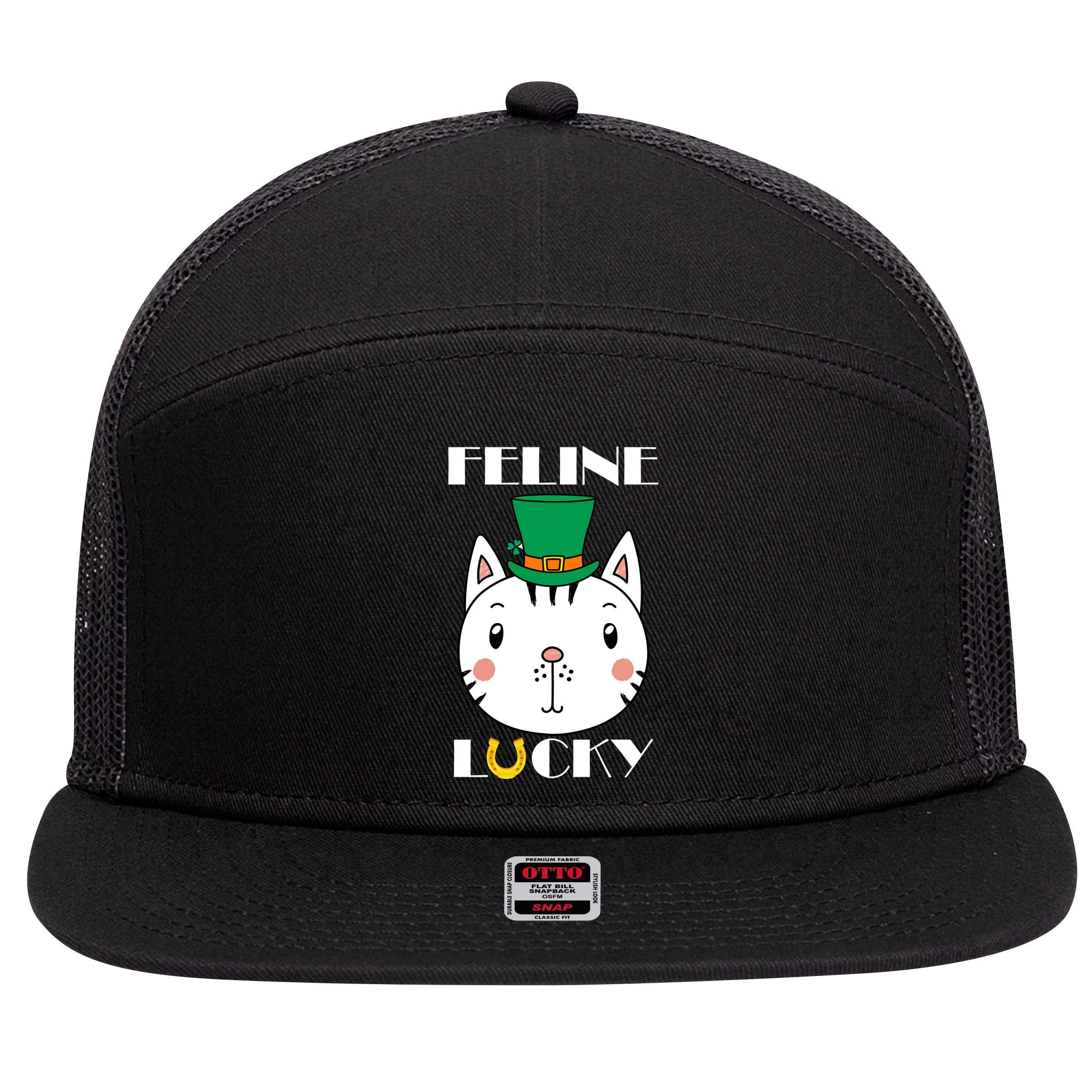 Feline Lucky Cat St Patricks Day 7 Panel Mesh Trucker Snapback Hat