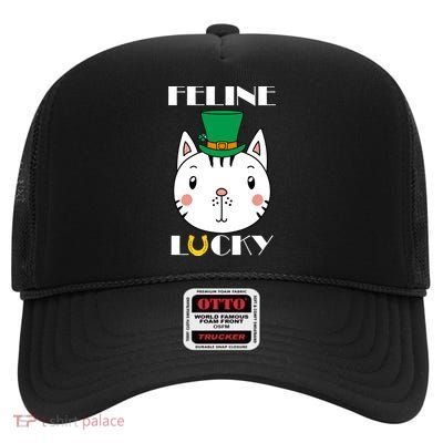 Feline Lucky Cat St Patricks Day High Crown Mesh Back Trucker Hat