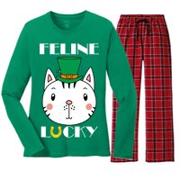 Feline Lucky Cat St Patricks Day Women's Long Sleeve Flannel Pajama Set 