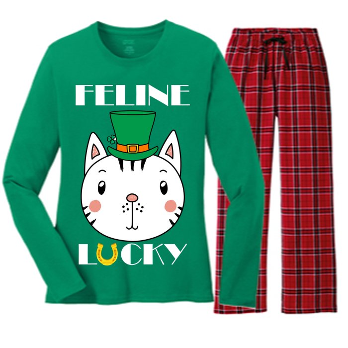 Feline Lucky Cat St Patricks Day Women's Long Sleeve Flannel Pajama Set 