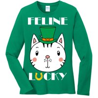 Feline Lucky Cat St Patricks Day Ladies Long Sleeve Shirt