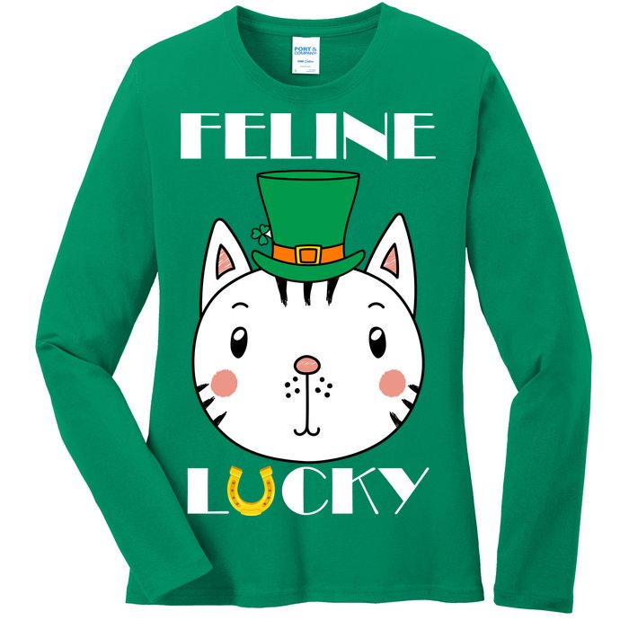 Feline Lucky Cat St Patricks Day Ladies Long Sleeve Shirt