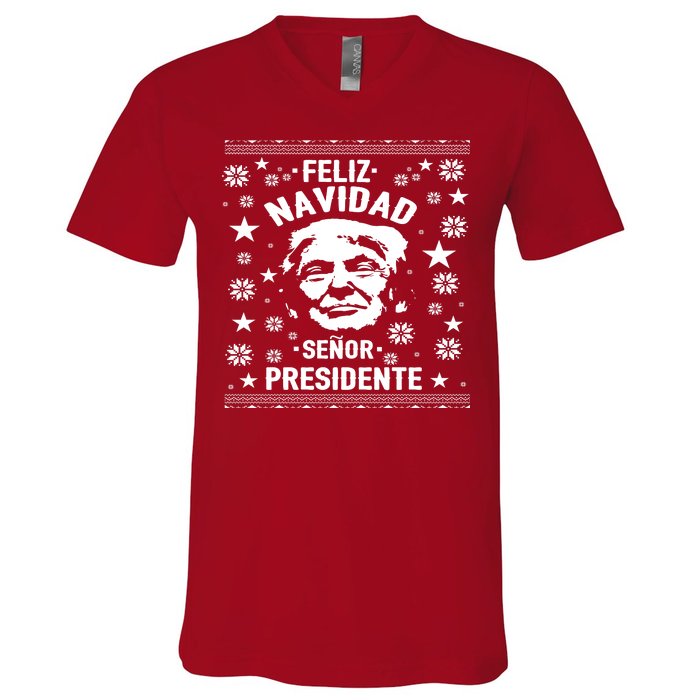 Feliz Navidad Senor President Donald Trump V-Neck T-Shirt