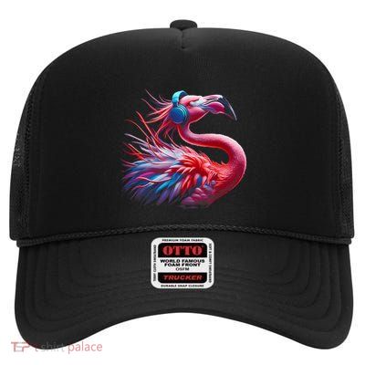 Flamingo Enjoying Music Headphone Birthday Christmas High Crown Mesh Back Trucker Hat