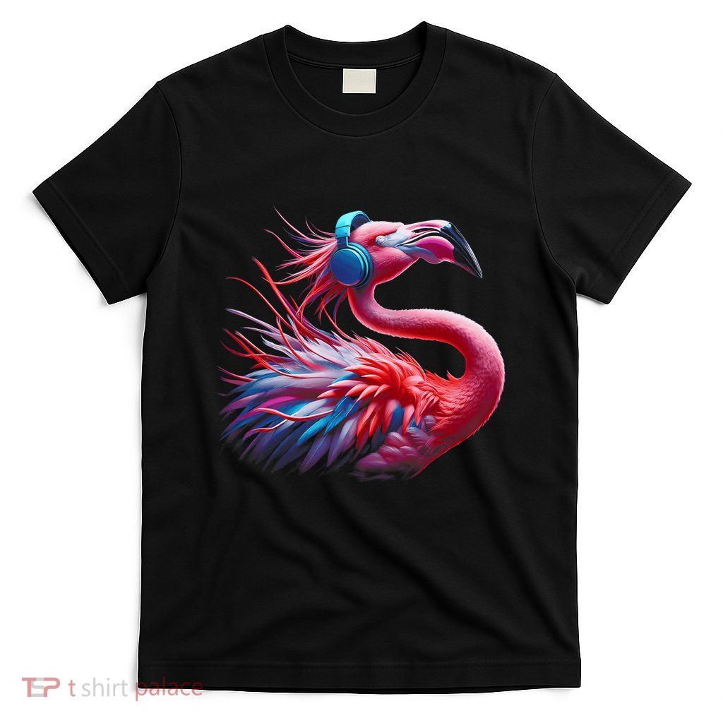 Flamingo Enjoying Music Headphone Birthday Christmas T-Shirt