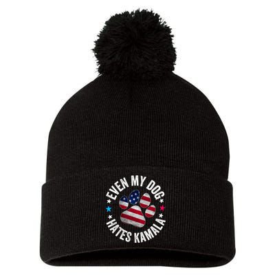 Funny Even My Dog Hates Kamala Anti Harris Usa Flag 2024 Pom Pom 12in Knit Beanie