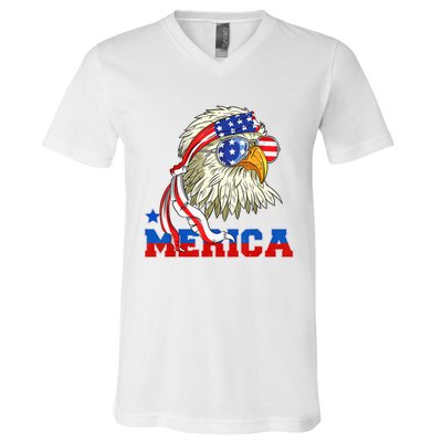 Funny Eagle Mullet Sunglasses Merica 4th Of July USA American Flag V-Neck T-Shirt