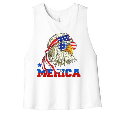 Funny Eagle Mullet Sunglasses Merica 4th Of July USA American Flag Women's Racerback Cropped Tank