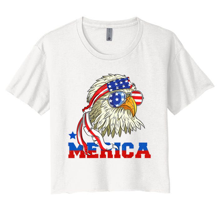 Funny Eagle Mullet Sunglasses Merica 4th Of July USA American Flag Women's Crop Top Tee