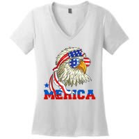 Funny Eagle Mullet Sunglasses Merica 4th Of July USA American Flag Women's V-Neck T-Shirt