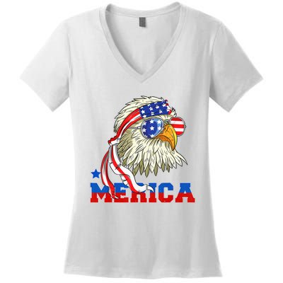 Funny Eagle Mullet Sunglasses Merica 4th Of July USA American Flag Women's V-Neck T-Shirt