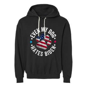 Funny Even My Dog Hates Biden Anti Joe Biden Usa Flag Garment-Dyed Fleece Hoodie