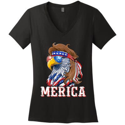 Funny Eagle Mullet 4th Of July Usa American Flag Merica Women's V-Neck T-Shirt