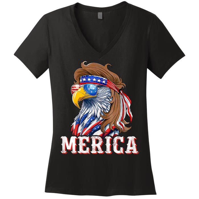 Funny Eagle Mullet 4th Of July Usa American Flag Merica Women's V-Neck T-Shirt