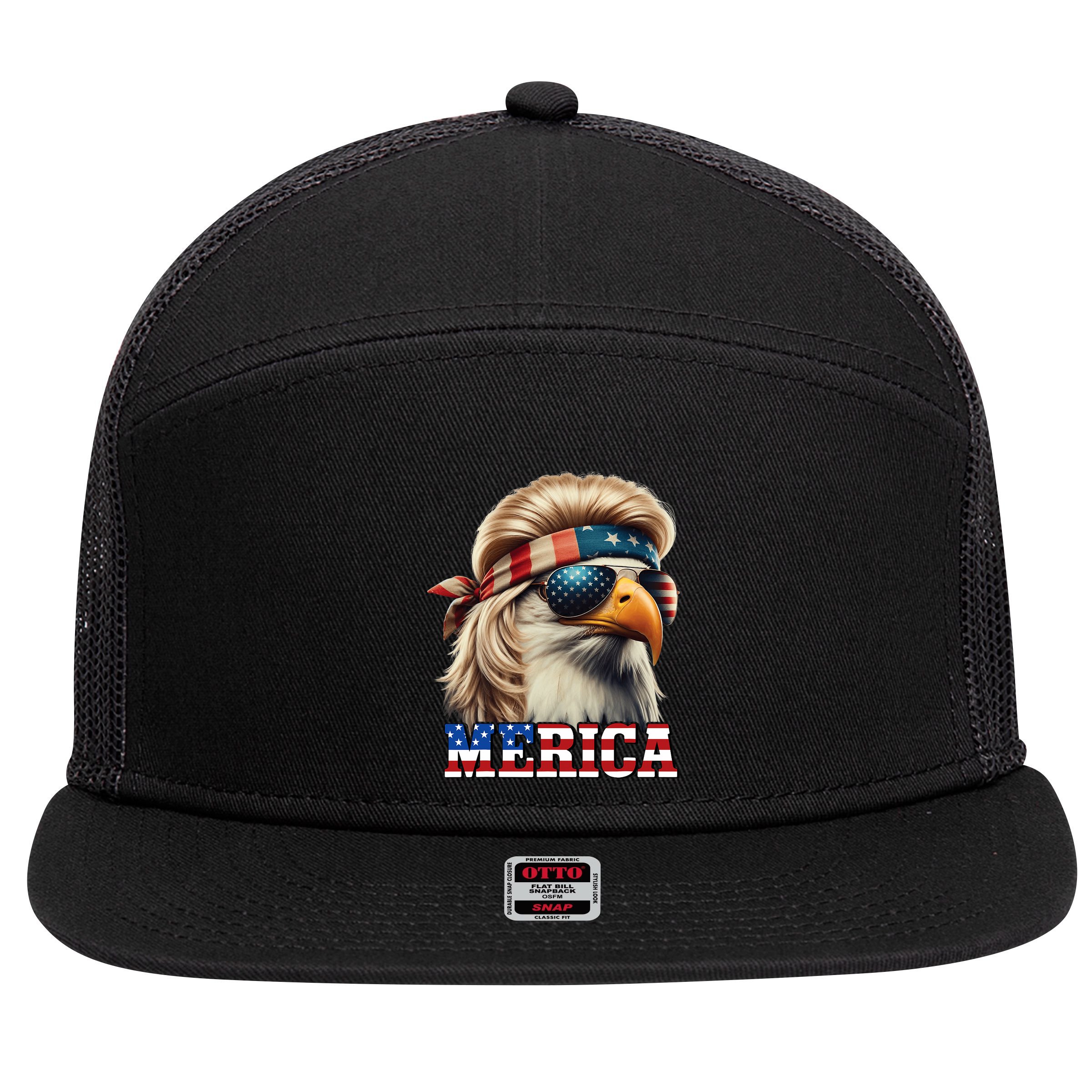 Funny Eagle Merica 4th July Blonde Wig Mullet Funny Man 7 Panel Mesh Trucker Snapback Hat