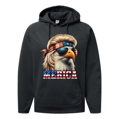 Funny Eagle Merica 4th July Blonde Wig Mullet Funny Man Performance Fleece Hoodie