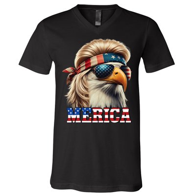 Funny Eagle Merica 4th July Blonde Wig Mullet Funny Man V-Neck T-Shirt