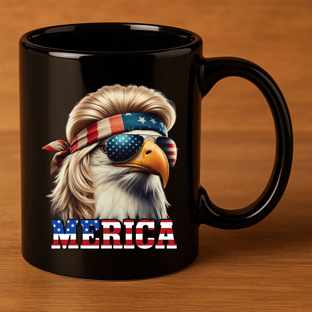 Funny Eagle Merica 4th July Blonde Wig Mullet Funny Man 11oz C Handle Ceramic Mug