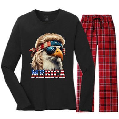 Funny Eagle Merica 4th July Blonde Wig Mullet Funny Man Women's Long Sleeve Flannel Pajama Set 