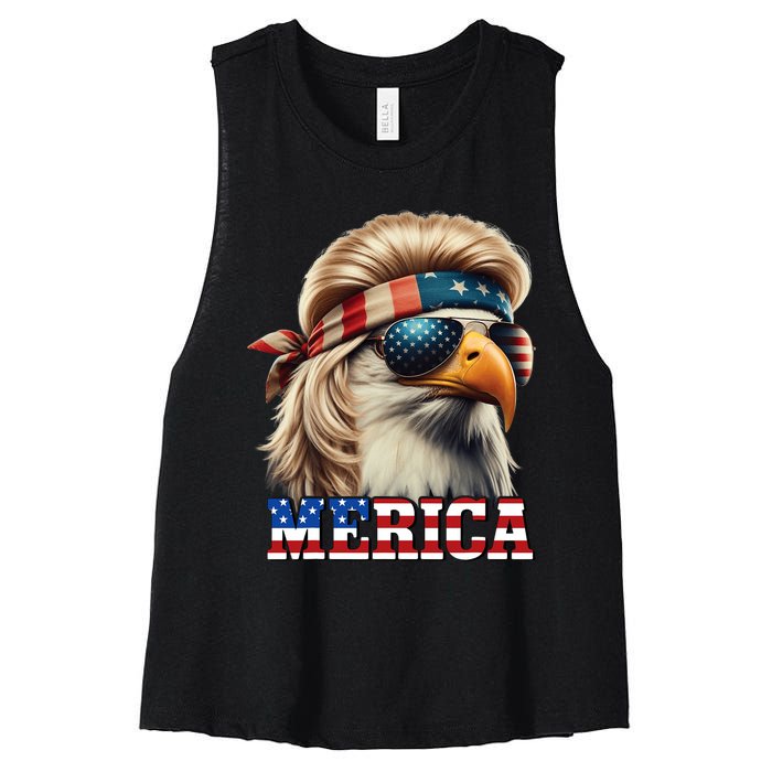 Funny Eagle Merica 4th July Blonde Wig Mullet Funny Man Women's Racerback Cropped Tank