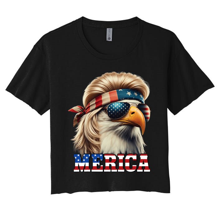 Funny Eagle Merica 4th July Blonde Wig Mullet Funny Man Women's Crop Top Tee