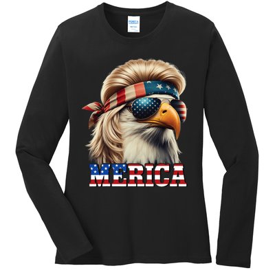 Funny Eagle Merica 4th July Blonde Wig Mullet Funny Man Ladies Long Sleeve Shirt