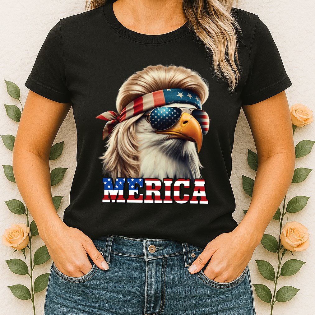 Funny Eagle Merica 4th July Blonde Wig Mullet Funny Man Womens T-Shirt