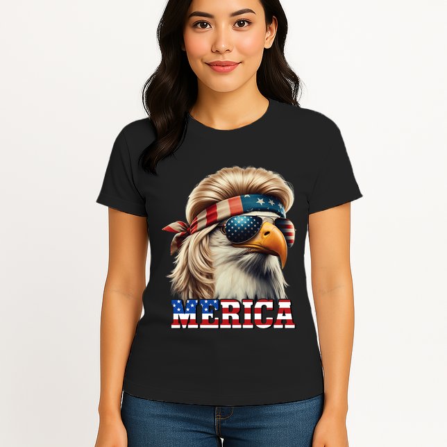 Funny Eagle Merica 4th July Blonde Wig Mullet Funny Man Womens T-Shirt