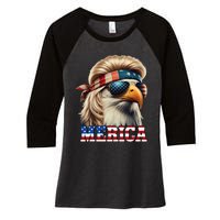 Funny Eagle Merica 4th July Blonde Wig Mullet Funny Man Women's Tri-Blend 3/4-Sleeve Raglan Shirt