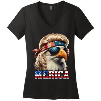 Funny Eagle Merica 4th July Blonde Wig Mullet Funny Man Women's V-Neck T-Shirt