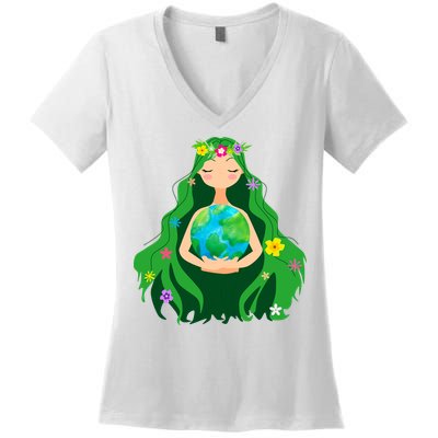 Flower Earth Mother Figure Cute Women's V-Neck T-Shirt