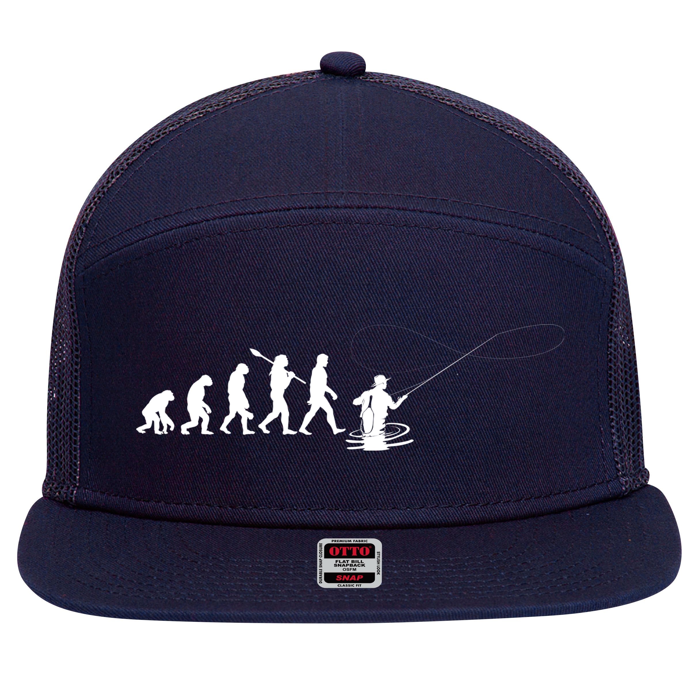 Funny Evolution Of Man Fly Fishing 7 Panel Mesh Trucker Snapback Hat