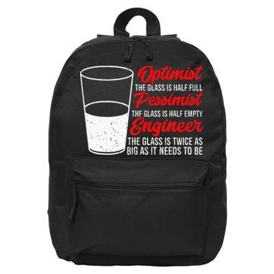Funny Engineer Optimist Pessimist Glass Engineer 16 in Basic Backpack